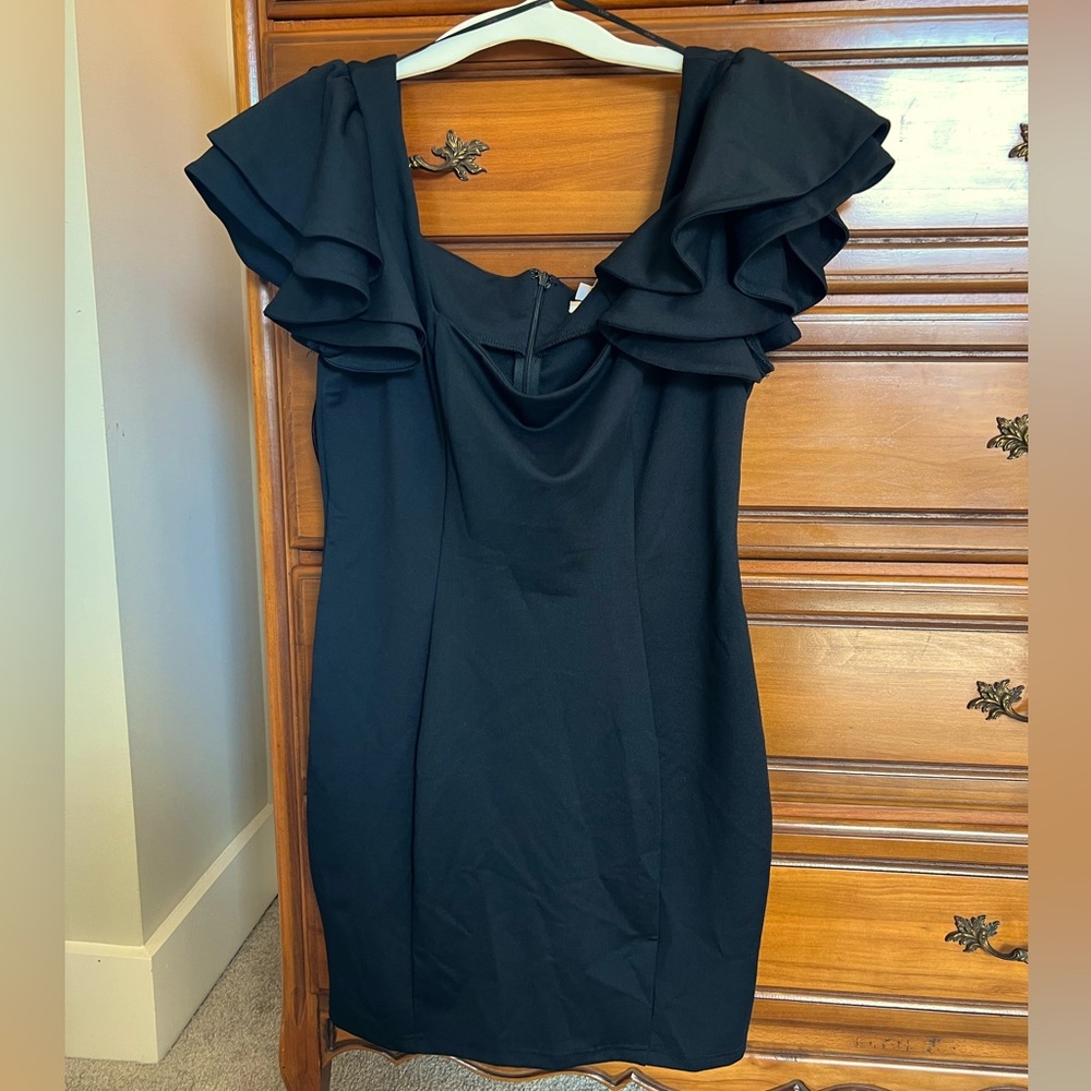 A’Gaci LBD Black Puff Ruffle Sleeve Mini Bodycon Dress Size L